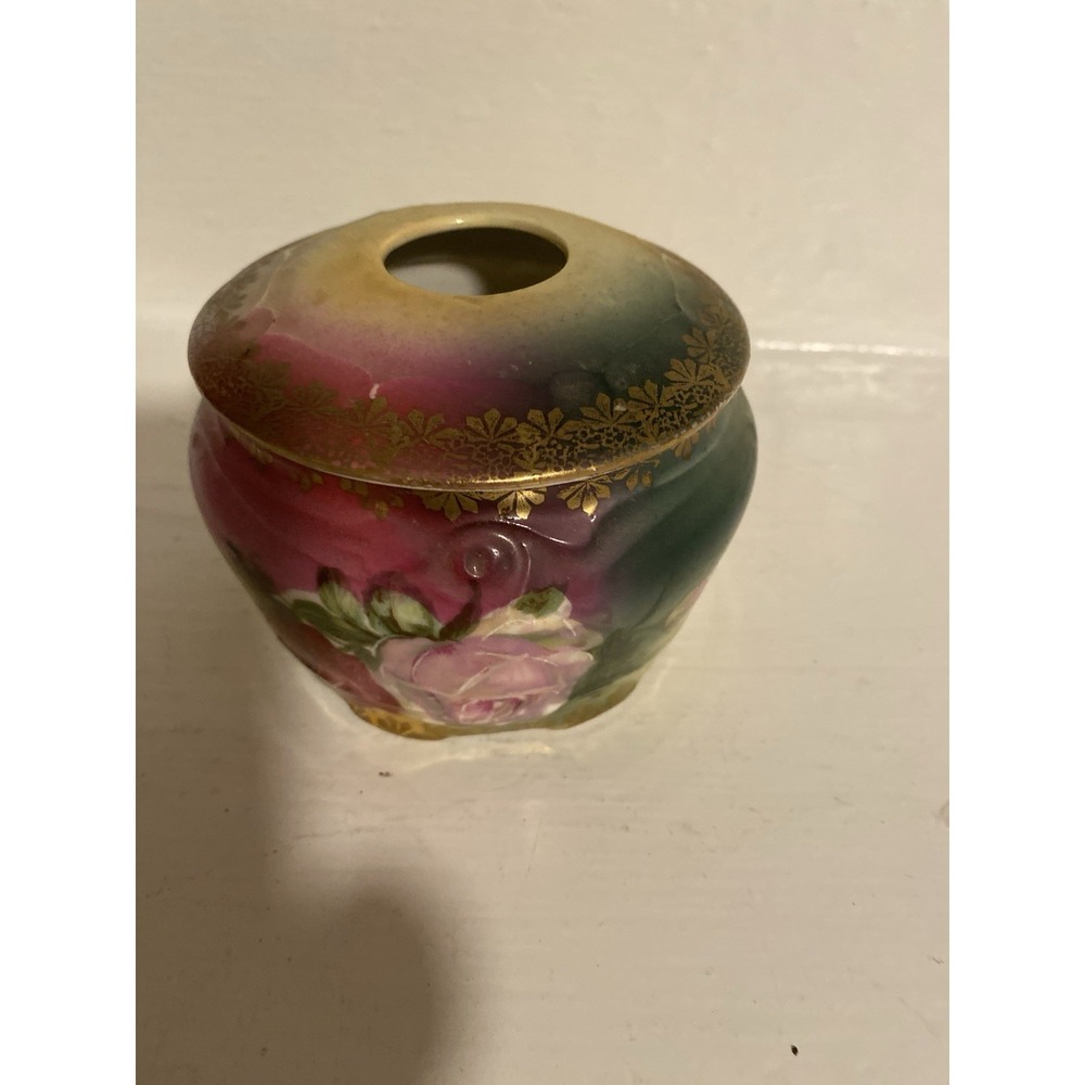 Antique Hand Painted Hair Receiver Roses Gold Trim